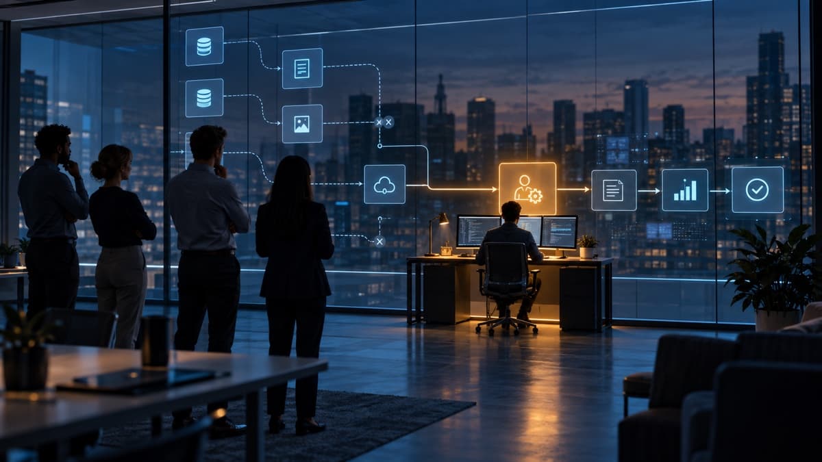 A team studies an AI workflow that depends on one illuminated employee workstation.