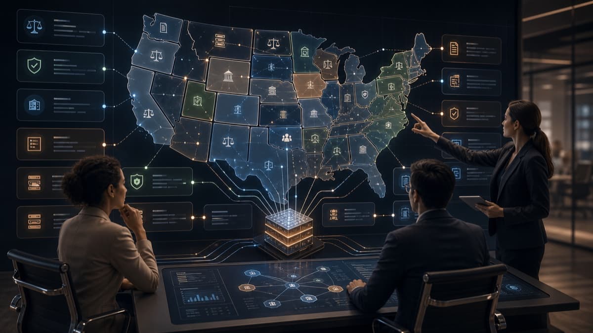 Compliance team reviewing an abstract U.S. regulatory map connected to an evidence hub.