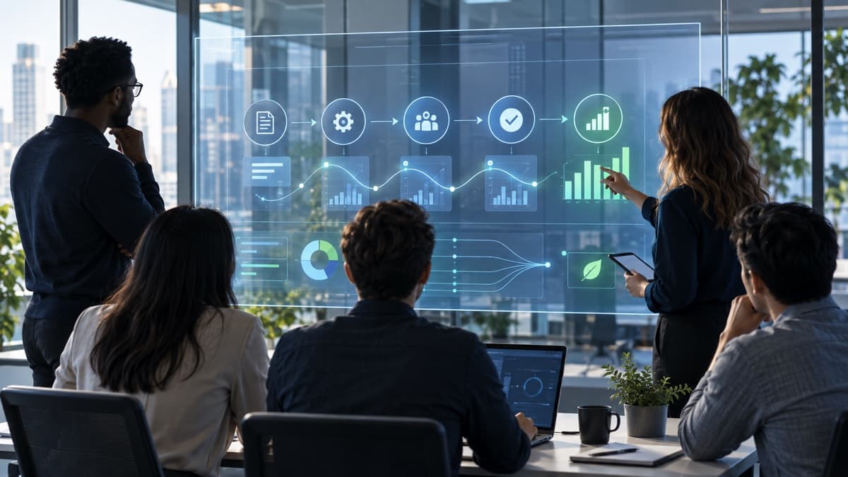 A team reviews anonymized AI workflow and outcome metrics on a transparent display.