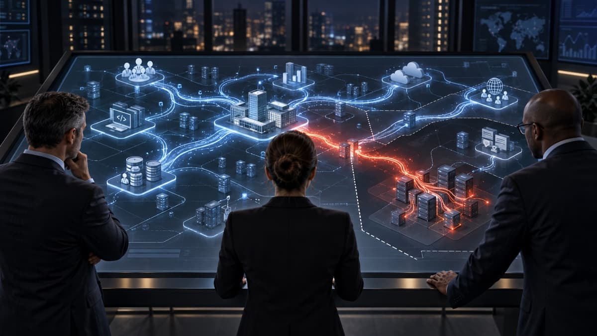 Three executives review a digital map of company AI systems as a red risk spreads through connected infrastructure.