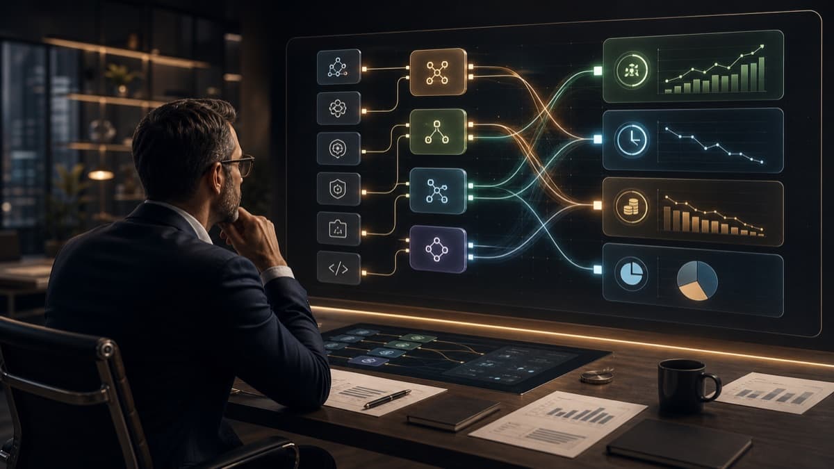 Finance leader reviewing AI workflow activity connected to outcome dashboards.