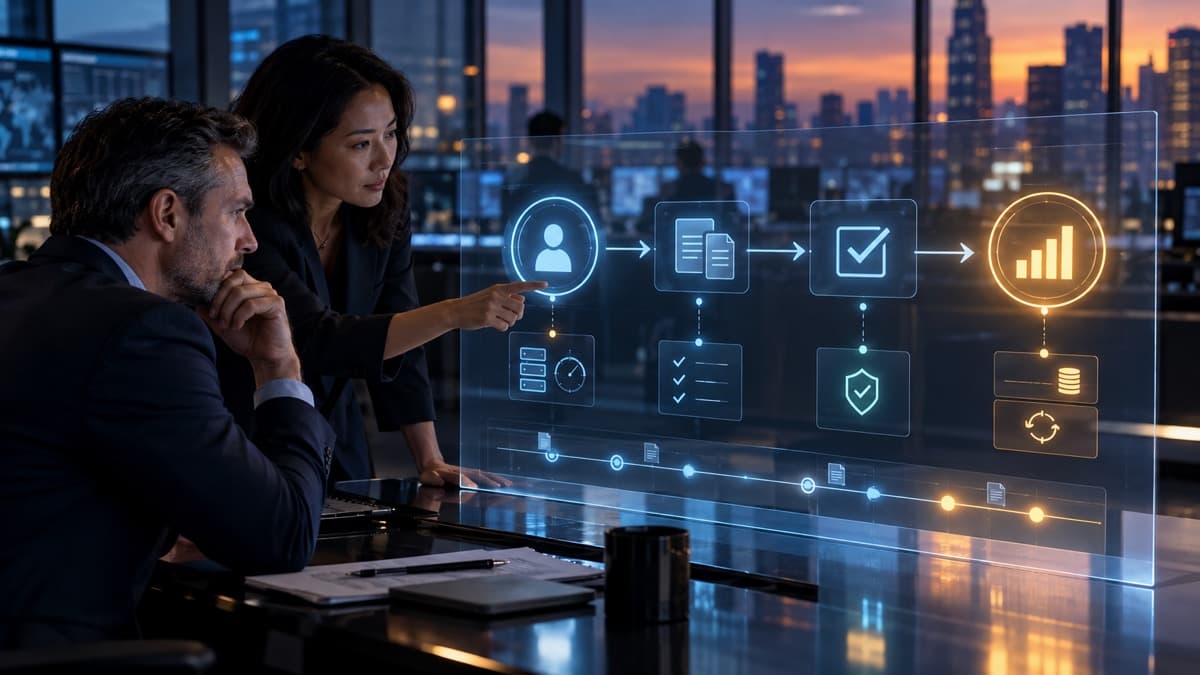 Finance and operations leaders review an AI workflow from completed work through validation to a verified business result.