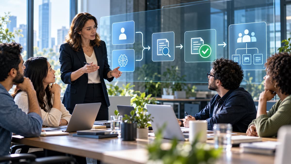 A manager and team review a workflow that combines human judgment, AI assistance, quality checks, and a shared process.