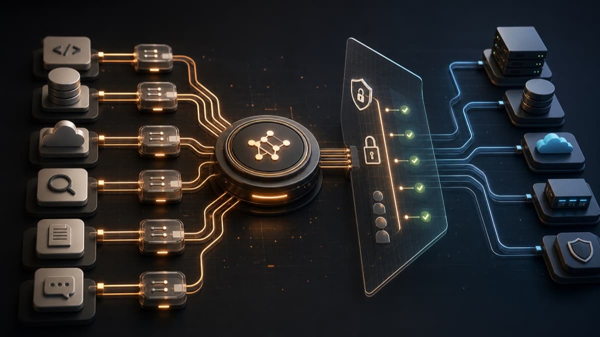 Abstract protocol hub routing AI tool access through governed security checkpoints.