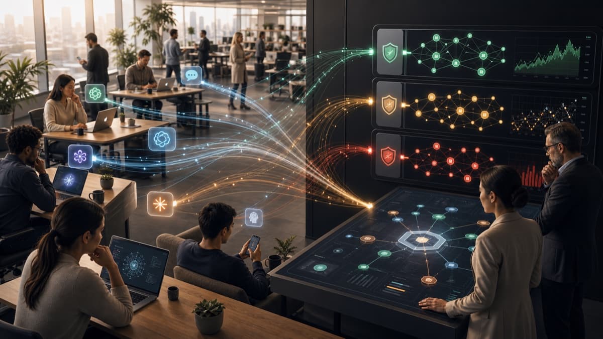 Office teams using many AI workflows while activity streams converge into a central governance map.