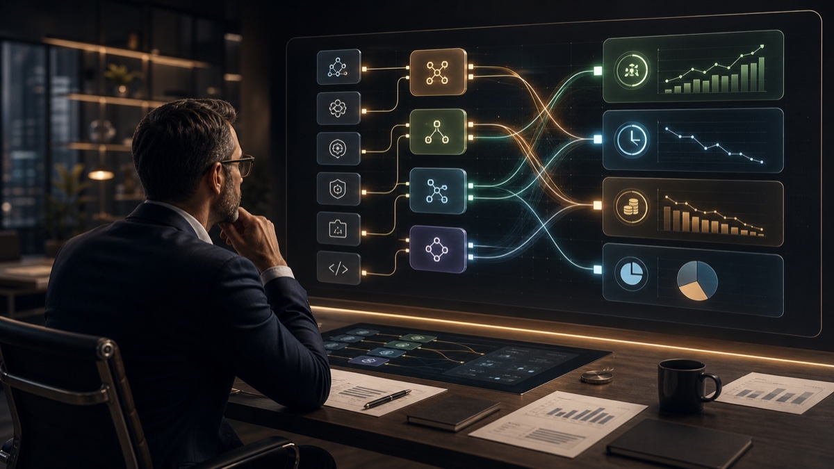 Finance leader reviewing AI workflow activity connected to outcome dashboards.