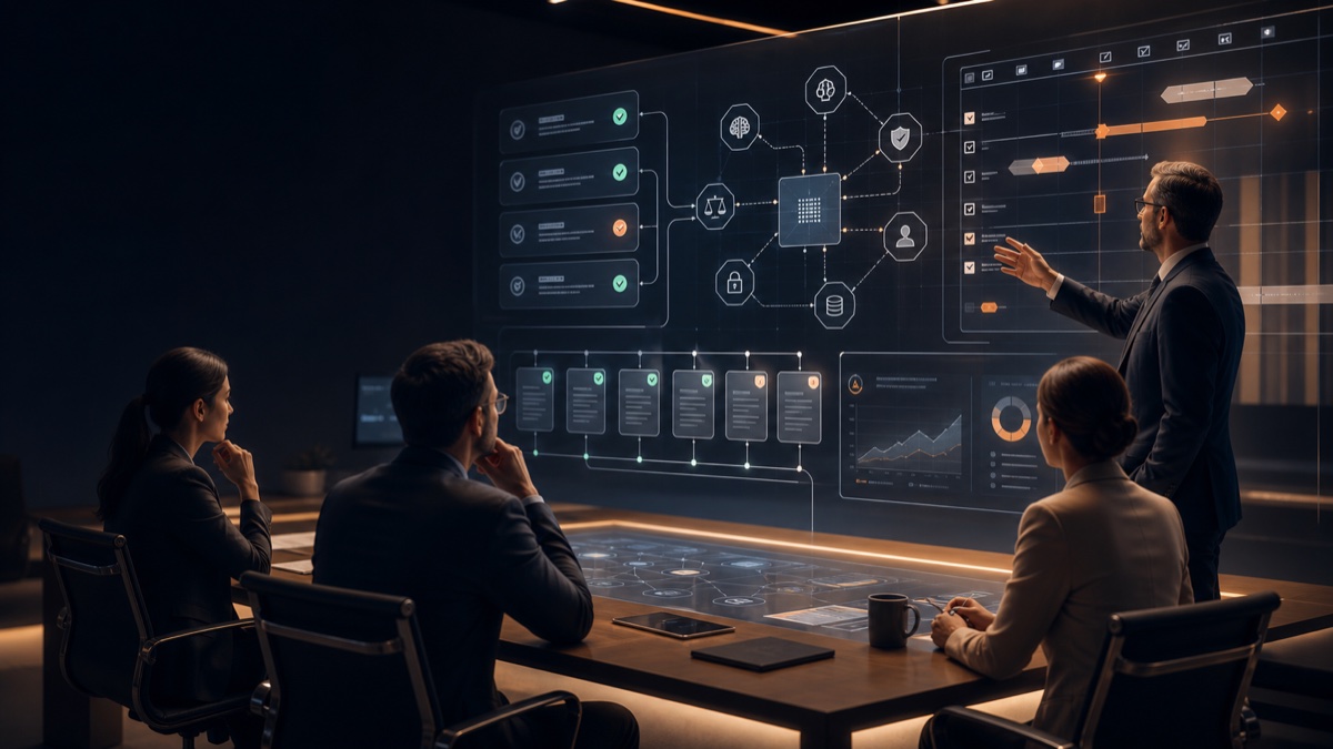 Governance team reviewing AI evidence records and policy checkpoints on a command center screen.