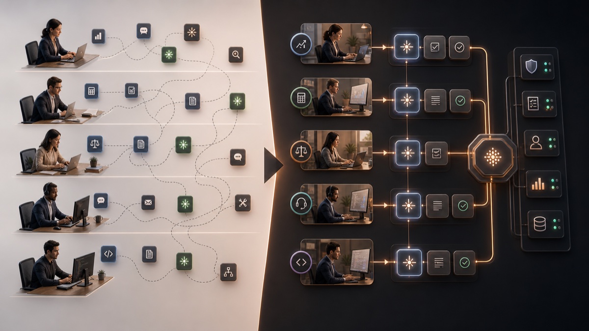 Scattered AI usage signals being redesigned into repeatable workflows across business teams.