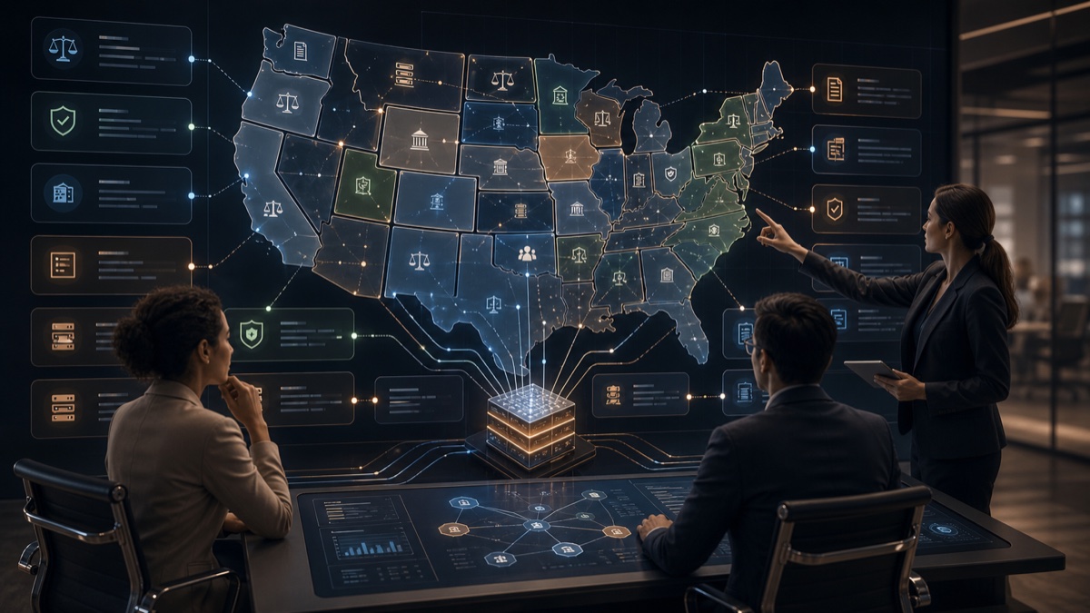 Compliance team reviewing an abstract U.S. regulatory map connected to an evidence hub.