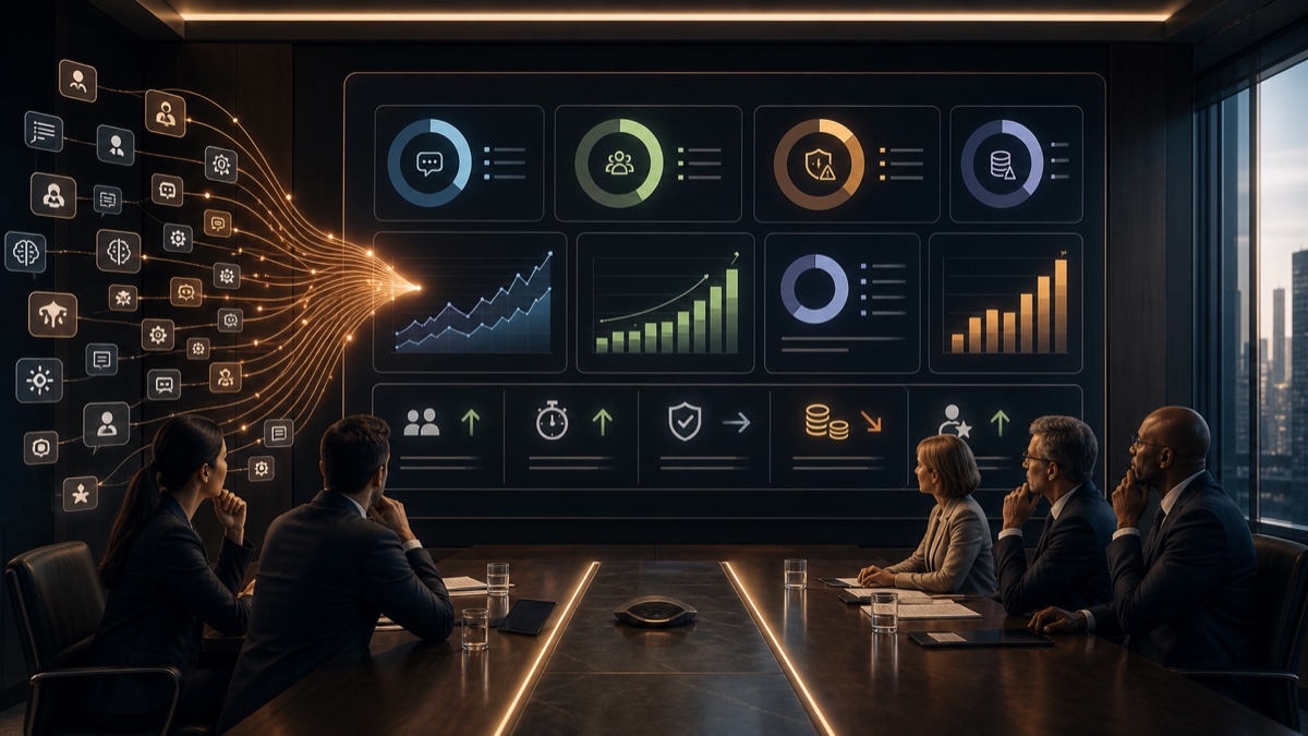 Executive boardroom reviewing AI activity signals aggregated into operating metrics.