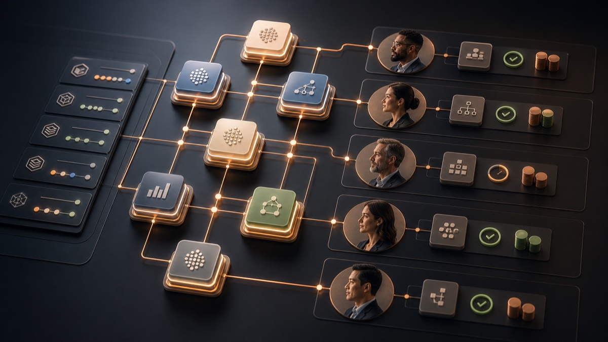 AI workflow tiles connected to human owners, approvals, budgets, and department lanes.