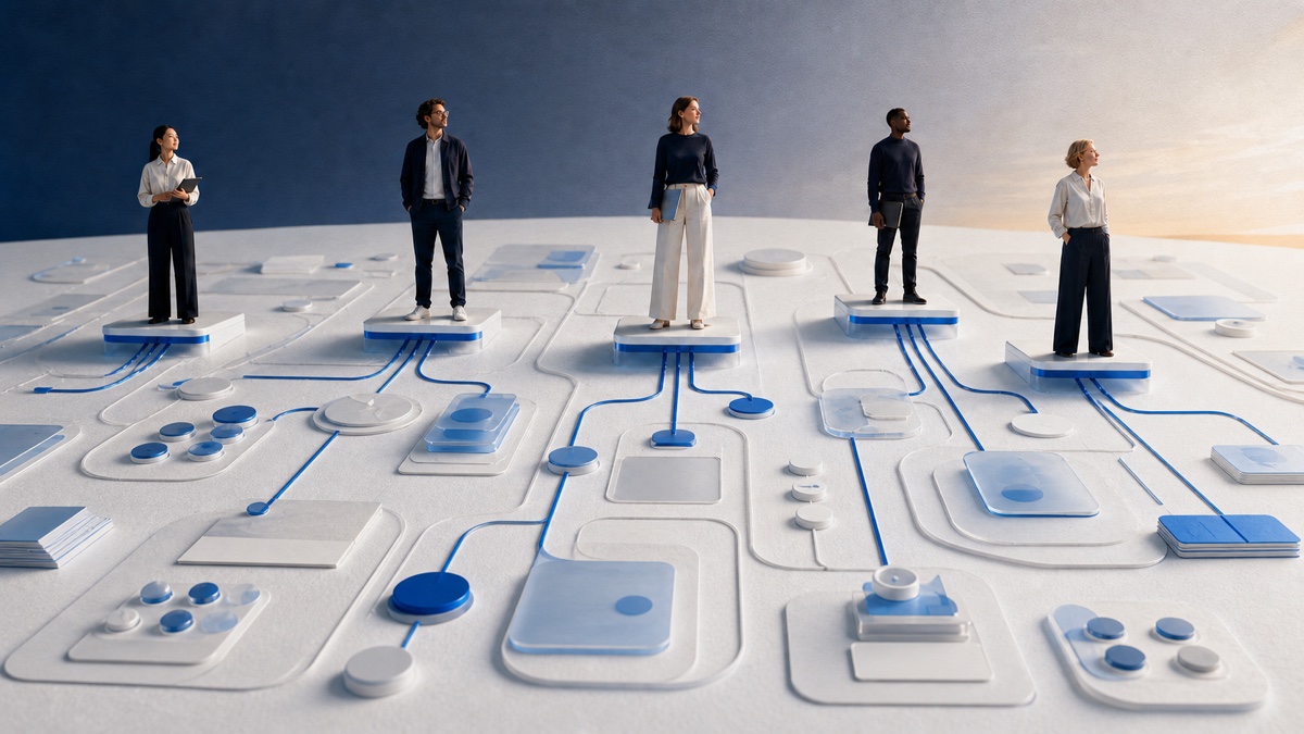 Five professionals standing on elevated platforms across an abstract blue-and-white connected work system.