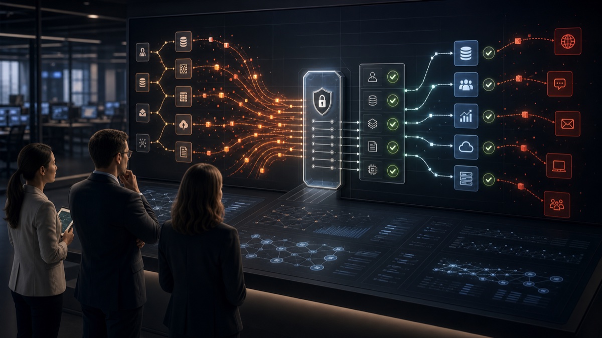 Security team watching AI data flows pass through access controls and risk checkpoints.